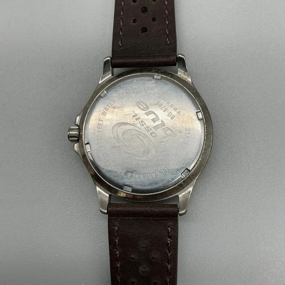 Fossil Blue Mens Watch 40mm Blue Dial Silver Tone Leather Multi New Battery